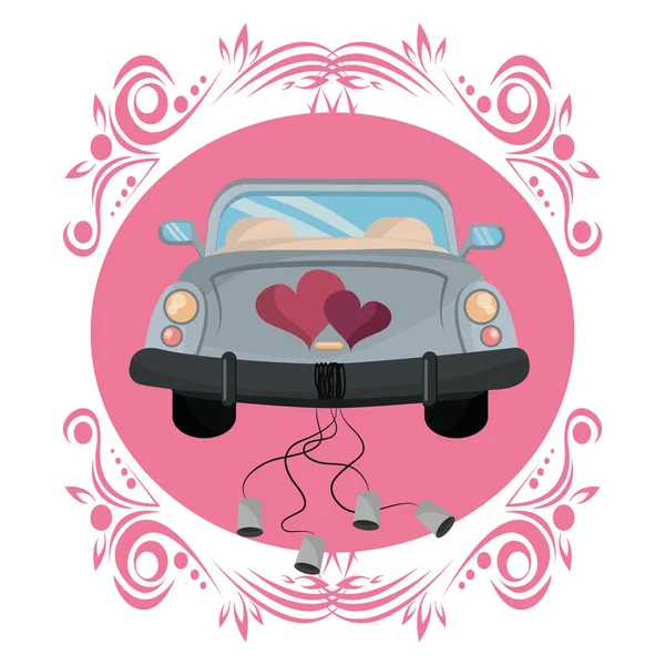 ヴィンテージにヴィンテージ結婚式車 Frontview ラウンド フレーム ベクトル イラスト グラフィック デザイン — ストックベクタ