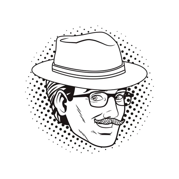 Pop Art Man Face Hat Glasses Moustache Cartoon Vector Illustration — Stock Vector