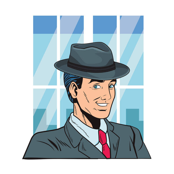 pop art man face with hat cartoon over window vector illustration graphic design