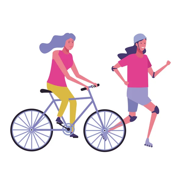 Φίλοι Ποδήλατο Και Τροχαίο Πατίνια Κινούμενα Σχέδια Διανυσματικά Εικονογράφηση Γραφιστικής — Διανυσματικό Αρχείο