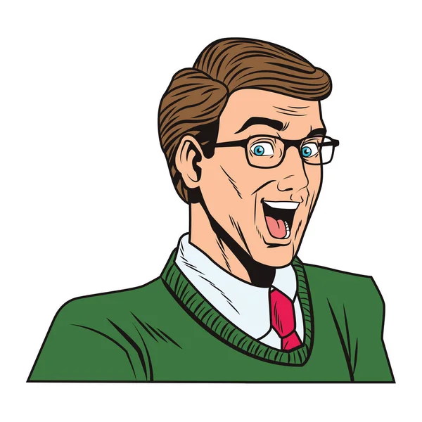 Popkonst Förvånad Man Ansiktet Med Glasögon Tecknade Vektor Illustration Grafisk — Stock vektor