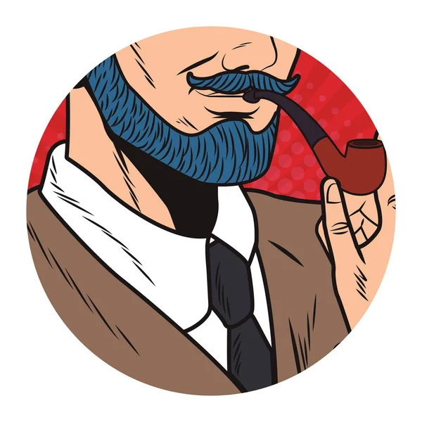 Pop Art Hombre Cara Con Barba Fumar Tabaco Pipa Redonda — Archivo Imágenes Vectoriales