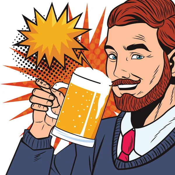 Поп Арт Человек Лицо Бородой Пить Пиво Пузырьковой Речи Оранжевый — стоковый вектор