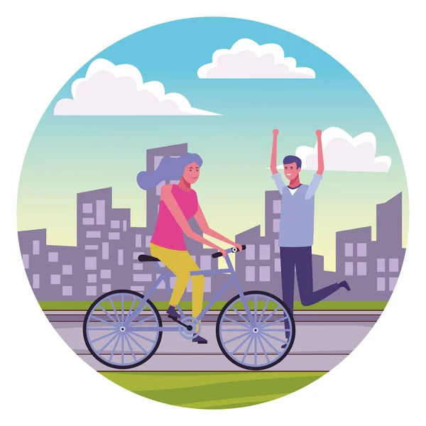 Пара Розважається Велосипедом Міських Пейзажах Круглий Значок Векторні Ілюстрації Графічний — стоковий вектор