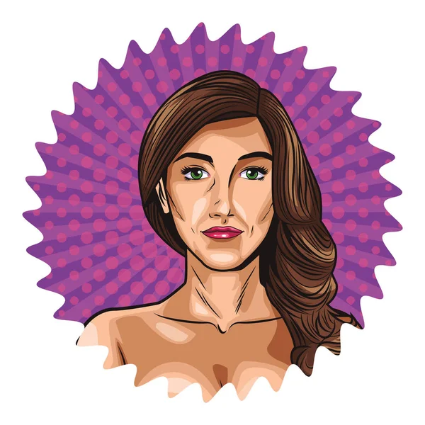 Pop art kadın karikatür profilinin üzerine yuvarlak şeritli etiket vektör çizim grafik tasarım