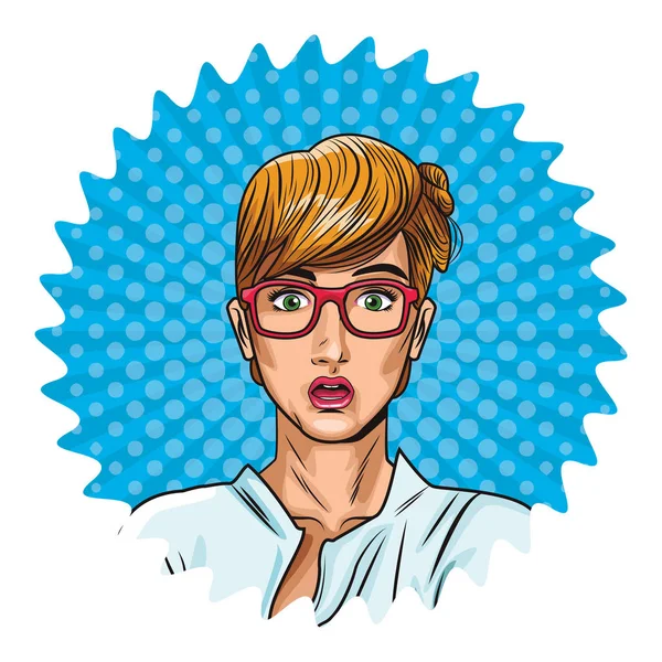 Arte Pop Mujer Con Gafas Dibujos Animados Sobre Redondo Rayas — Vector de stock