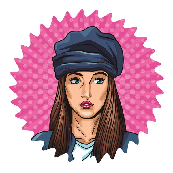 Pop Art Femme Avec Bonnet Chapeau Dessin Animé Sur Étiquette — Image vectorielle