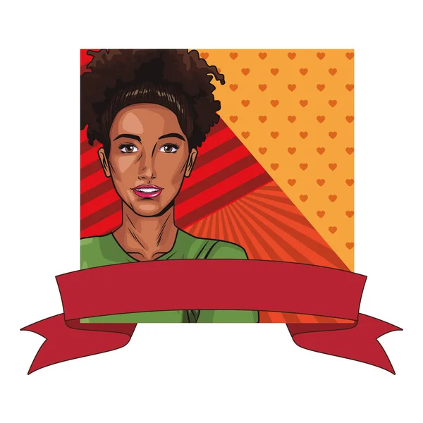 流行艺术非洲妇女动画片方形框架与空白丝带横幅向量例证图图设计 — 图库矢量图片