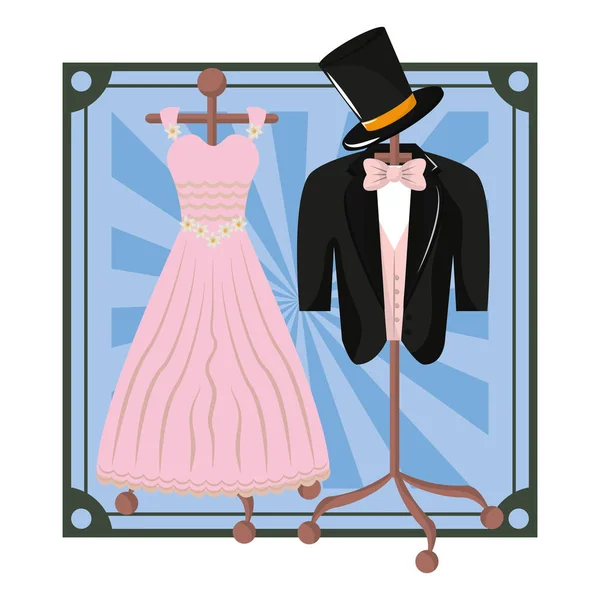 Wedding Bride Dress Groom Suit Cartoons Striped Frame Vector Illustration — Stock Vector