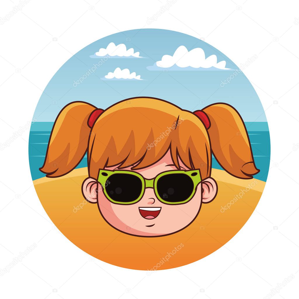 Summer kids girl with sunglasses over beachscape round icon vector illustration graphic design
