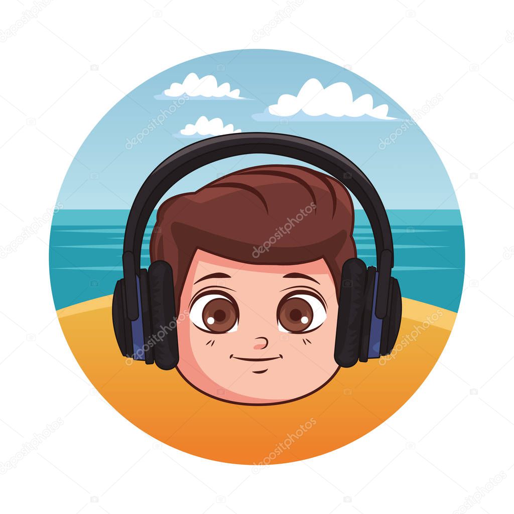 Summer kids boy with headphones over beachscape round icon vector illustration graphic design