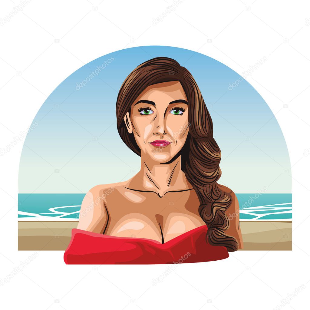 Woman pop art cartoon over beachscape vector illustration graphic design