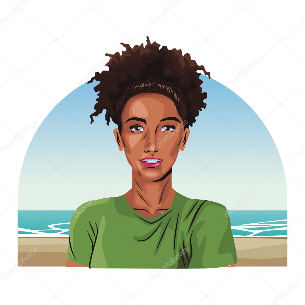 Woman afro pop art cartoon over beachscape vector illustration graphic design