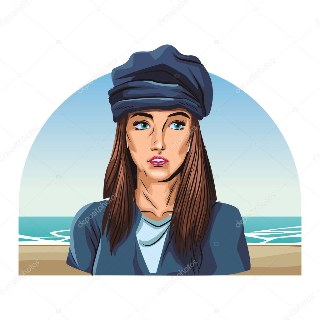 Woman with beret pop art cartoon over beachscape vector illustration graphic design