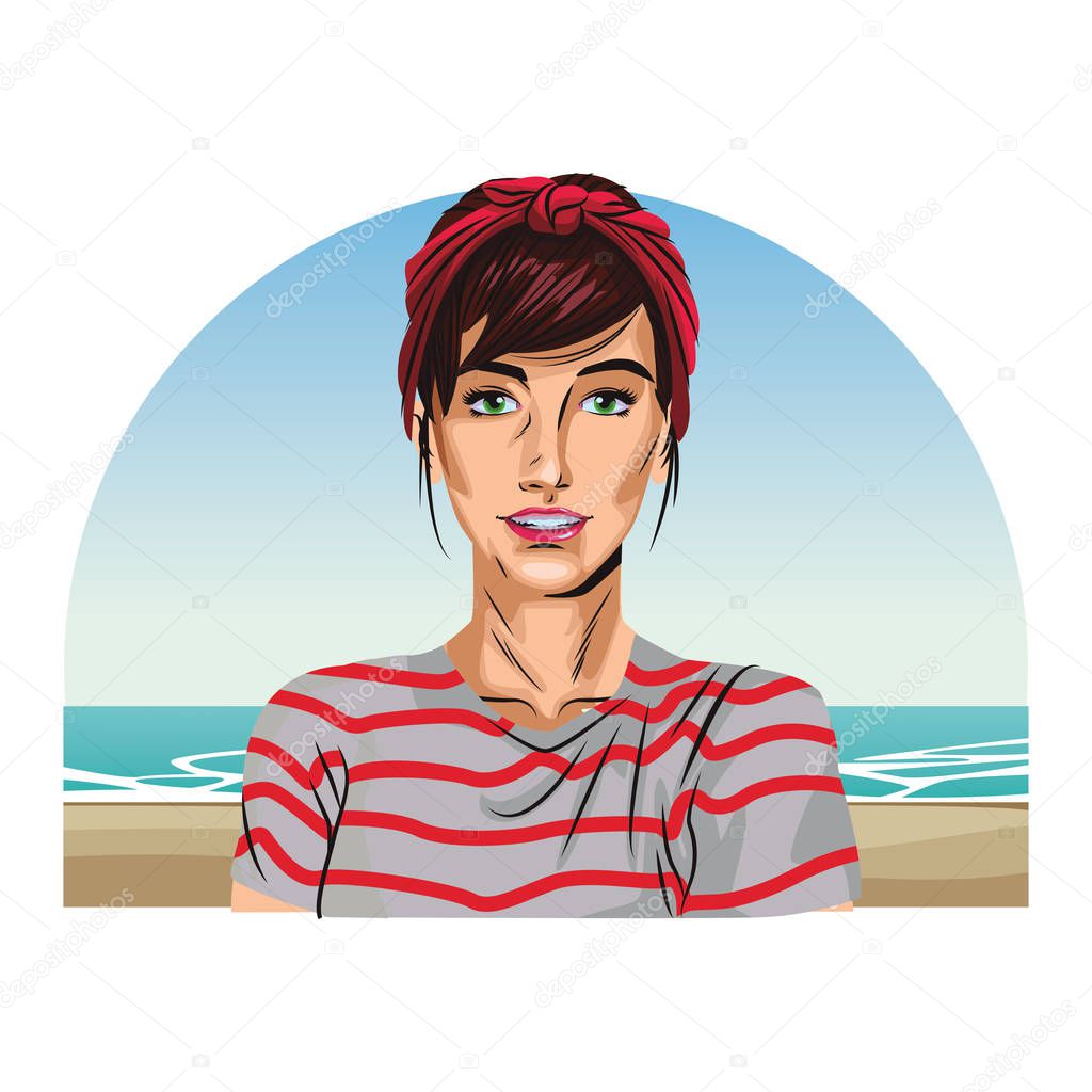 Woman with red headband pop art cartoon over beachscape vector illustration graphic design
