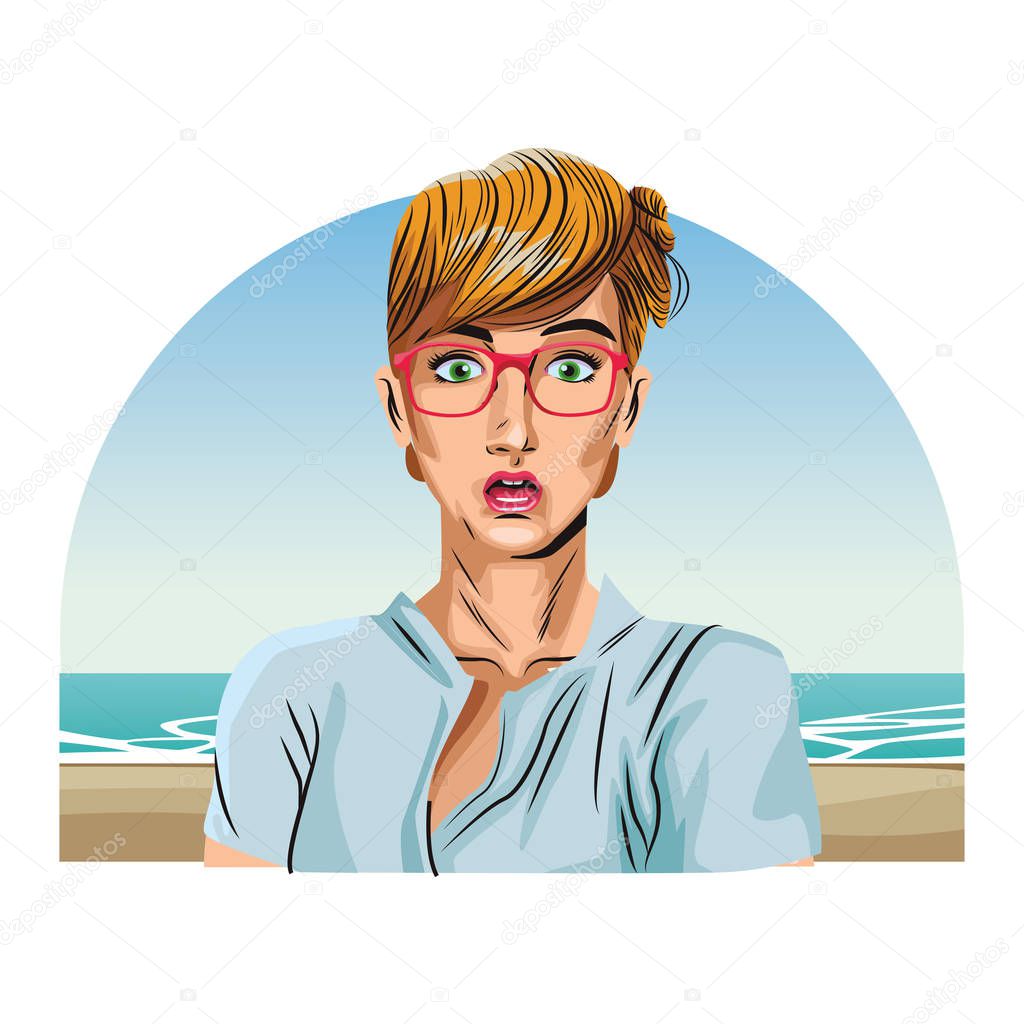 Blonde woman with glasses pop art cartoon over beachscape vector illustration graphic design