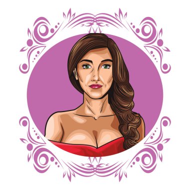 Pop art kadın karikatür profil sayfası vintage yuvarlak çerçeve vektör çizim grafik tasarım