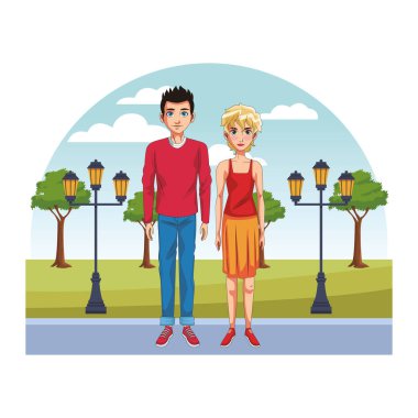 Genel sokak karikatür vektör çizim grafik tasarım üzerinde rahat kıyafetler içinde genç çift