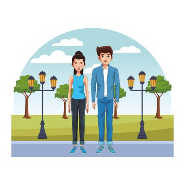 Genel sokak karikatür vektör çizim grafik tasarım üzerinde rahat kıyafetler içinde genç çift