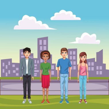Gençler Grup genel sokak karikatür vektör çizim grafik tasarım üzerine