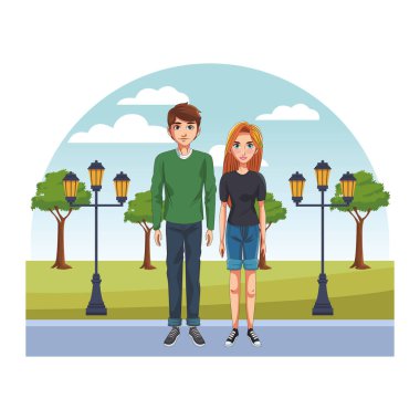 Genel sokak karikatür vektör çizim grafik tasarım üzerinde rahat kıyafetler içinde genç çift