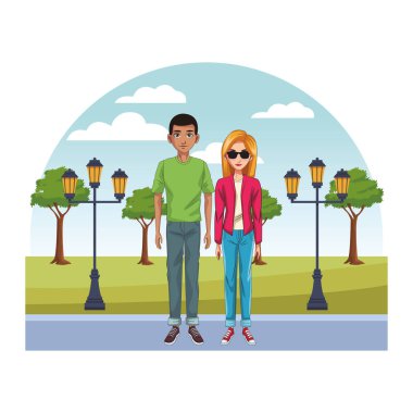 Genel sokak karikatür vektör çizim grafik tasarım üzerinde rahat kıyafetler içinde genç çift