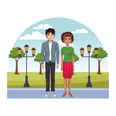 Genel sokak karikatür vektör çizim grafik tasarım üzerinde rahat kıyafetler içinde genç çift