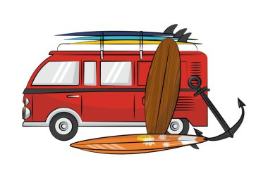 yaz plaj eski model araba ile sörf masa ve çapa karikatürler renk vektör çizim grafik tasarım