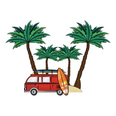 sahilde sörf tablo ile yaz eski model araba renk vektör çizim grafik tasarım karikatürler