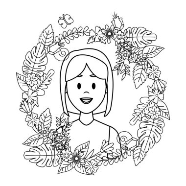Kadın profili karikatür yuvarlak simge yaprakları ve çelenk çiçek süsleme vektör çizim grafik tasarım