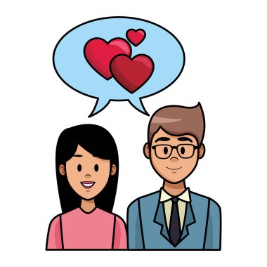 Genç çift kadın ve adam karikatür konuşma kabarcıklar vektör çizim grafik tasarım kalpler ile
