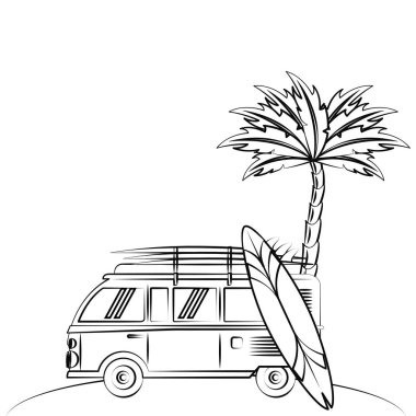 yaz plaj karikatür kroki vektör çizim grafik tasarım tabloda sörf ile eski model araba