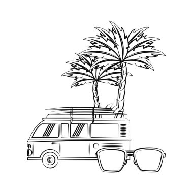 yaz plaj eski model araba ve palmiye ağacı karikatürler kroki vektör çizim grafik tasarım ile güneş gözlüğü