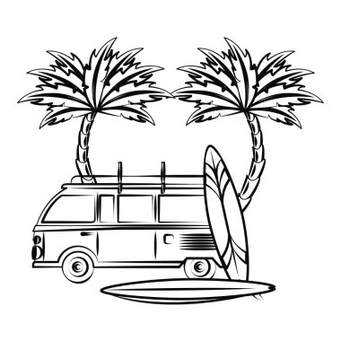 yaz plaj karikatür kroki vektör çizim grafik tasarım tabloda sörf ile eski model araba