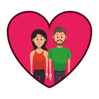 Genç kadın ve adam karikatür çerçeve vektör çizim grafik tasarım şeklinde kalp üzerinde çift.