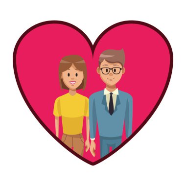 Genç kadın ve adam karikatür çerçeve vektör çizim grafik tasarım şeklinde kalp üzerinde çift.