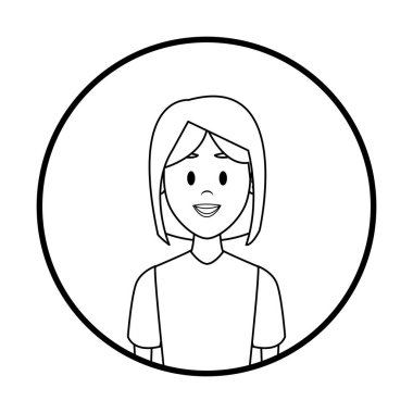 Kadın profili karikatür yuvarlak simge siyah beyaz vektör çizim grafik tasarım