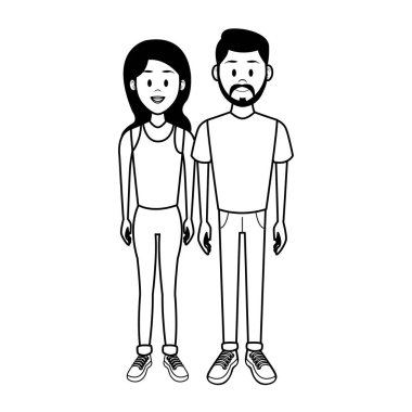 Genç çift kadın ve adam çizgi film siyah beyaz vektör çizim grafik tasarım
