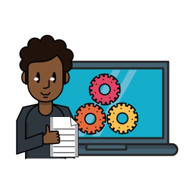 Adam dizüstü vektör çizim grafik tasarım ile çalışmakta belge ile