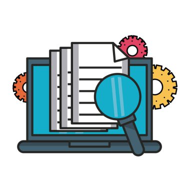 Belgeler ve Büyüteç Camı vektör çizim grafik tasarım ile dizüstü bilgisayar