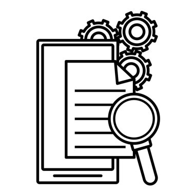 Belge dişliler ve Büyüteç Camı siyah beyaz vektör çizim grafik tasarım ile Smartphone