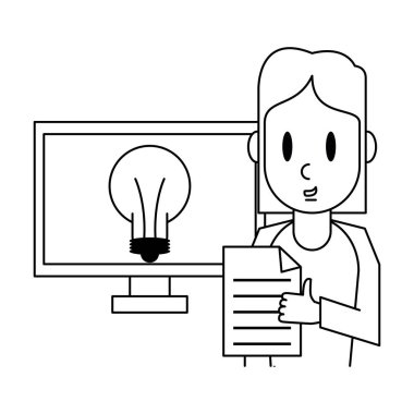Bilgisayar beyaz siyah vektör çizim grafik tasarım ile büyük fikir üzerinde çalışan kadın