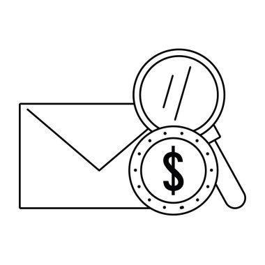 Örnek grafik tasarım vektör zarf ve madeni para ile Büyüteç siyah ve beyaz