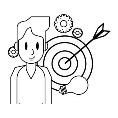 Adam ile hedef ve ampul ışık siyah beyaz vektör çizim grafik tasarım