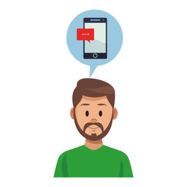Genç adam akıllı telefon sohbet kabarcık vektör çizim grafik tasarım ile