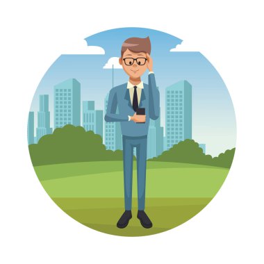 Şehir Park yuvarlak simge vektör çizim grafik tasarım Smartphone kullanarak iş adamı