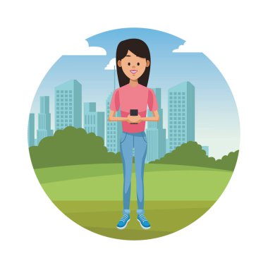 Genç Şehir Parkı yuvarlak simge vektör çizim grafik tasarım, akıllı telefon kullanan kadın