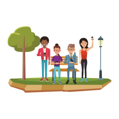 Akıllı telefonlar kullanarak ve ahşap Bank vektör çizim grafik tasarım oturmuş insanlar