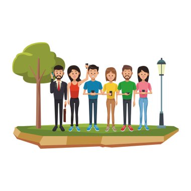 Gençler akıllı telefonlar ile illüstrasyon grafik tasarım vektör