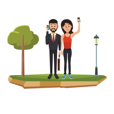 Konuşmak için Smartphone kullanarak çift ve selfie vektör çizim grafik tasarım al